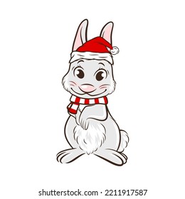 Vector Cute Funny Rabbit, Hare with Santa Hat and Scarf, Line Art. Bunny Icon, Design Template for Oriental Chinese New Year 2023 Card, Christmas Poster, Sticker, T-shirt Print, Kids Design