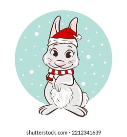 Vector Cute Funny Rabbit, Hare with Santa Hat and Scarf, Line Art. Bunny Icon, Design Template for Oriental Chinese New Year 2023 Card, Christmas Poster, Sticker, T-shirt Print, Kids Design