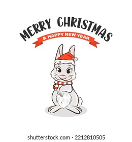 Vector Cute Funny Rabbit, Hare with Santa Hat and Scarf, Line Art. Bunny Icon, Design Template for Oriental Chinese New Year 2023 Card, Christmas Poster, T-shirt Print, Kids Design