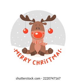 Vector de reno lindo y gracioso con bufanda y bolas de Navidad en cuernos. Caricatura Venado de Navidad para Navidad, tarjeta de felicitación de Año Nuevo 2023, afiche, camiseta impresa