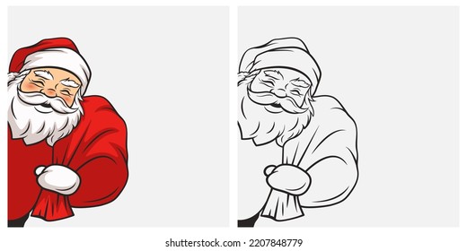 Vector Cute Funny Smiling Peeking Santa Claus with Sack. Holiday Merry Christmas and Happy New Year, Greeting Card Design Elements