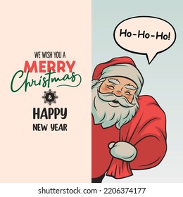 Vector Cute Funny Smiling Santa Claus with Sack Peeking Out From Behind a Banner, Signboard. Holiday Greeting Card with Merry Christmas and Happy New Year Typography