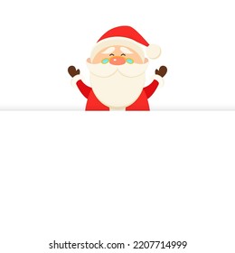 Vector Cute Funny Smiling Santa Claus Peeking Out From Behind a Banner, Signboard. Merry Christmas and Happy New Year Holiday Greeting Card