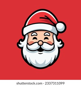 Vector Cute Funny Smiling Santa Claus Head Icon. Design Template for Holiday Merry Christmas and Happy New Year Greeting Cards, Stickers, Banners
