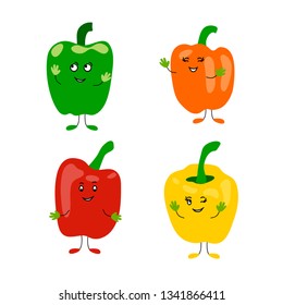 vector cute funny vegetables red green yellow orange paprika pepper face smile childish illustration on white