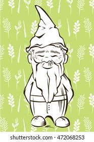 Vector cute garden gnome with background.For garden services logo