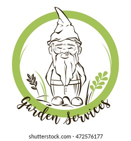 Vector Cute Garden Gnome With Background.For Garden Services Logo