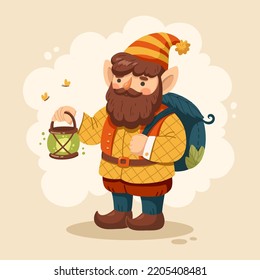 Vector Cute Garden Gnome. Funny Dwarf With Lantern Isolated On White Background. Traditional Gardening Leprechaun Sculpture