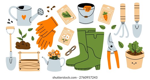 Vector cute gardening clipart set. Farming collection. Watering can, shovel, rake, trowel, rubber boot, glove, shear, seed packet, plant pot, bucket, wooden box in flat style. Agriculture elements.