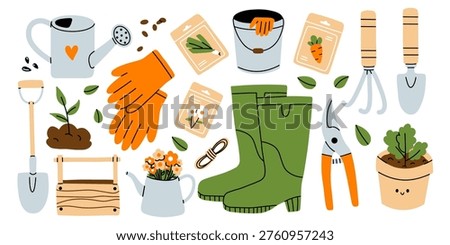 Vector cute gardening clipart set. Farming collection. Watering can, shovel, rake, trowel, rubber boot, glove, shear, seed packet, plant pot, bucket, wooden box in flat style. Agriculture elements.