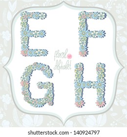 Vector cute gentle Floral alphabet, vintage letters E,F,G,H.