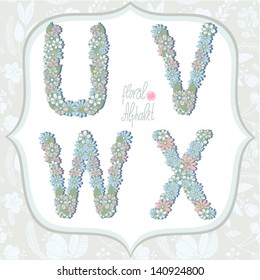 Vector cute gentle Floral alphabet, vintage letters U, V, W, X. 
