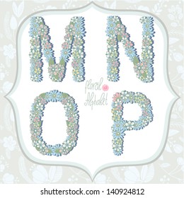Vector cute gentle Floral alphabet, vintage letters M, N, O, P.