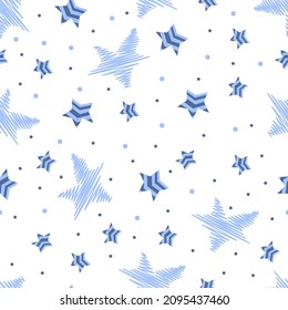 vector cute geometric seamless pattern on white isolated background with blue and blue small stars