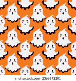 Vector cute ghosts cute ghosts seamless pattern. Texture with Halloween ghosts on orange background. Background with mystical creatures. Vector illustration in flat style