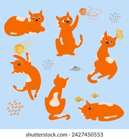 Vector cute ginger cat character in different poses set, looking, sleeping, jumping, playing, happy and sad mood.
