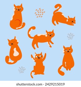 Vector cute ginger cat character in different poses set, walking, running, looking, stretching, wondering, thinking, happy and sad mood.
