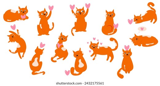 Vector cute ginger cat character with heart in different poses set, looking, sleeping, jumping, playing, walking, running, stretching, wondering, thinking, happy and sad mood.
