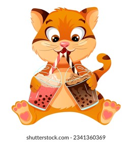 Vector cute ginger cat sits and drinks bubble tea. Chinese tea. Vector cartoon illustration isolated on white background