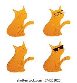 Vector cute ginger red tabby cat character in sunglasses and wayfarer sitting and winking illustration isolated on white background.