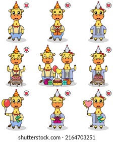 Vector of Cute Giraffe in Birthday Party. Set of cute little Giraffe characters. Collection of funny Giraffe isolated on a white background.