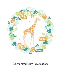 Vector cute giraffe illustration in a tropical leaves wreath