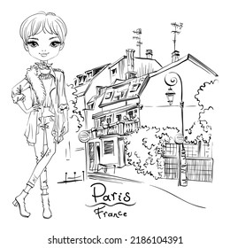 Vector cute girl in autumn clothes, headscarf and boots, jacket and jeans in Paris, France. Black and white illustration for coloring book.