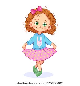 Vector Cute Girl With A Bunny On Clothes Standing In A Pose Of Reverence. Cartoon Isolated Child Character On A White Background.