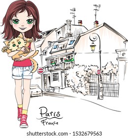 Vector cute girl with cat in Paris, France