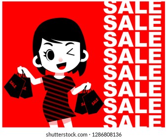 Vector cute girl character with many shopping bags on color background and SALE text