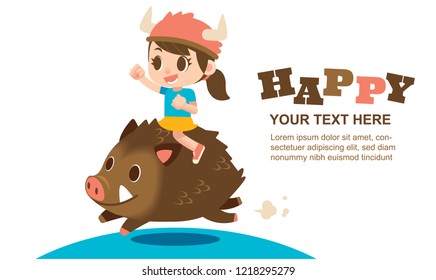 Vector cute girl character riding on a wild boar for greeting card