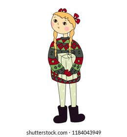 Vector cute girl in christmas sweater with a gift box in hands isolted on a white background. Hand drawn style.