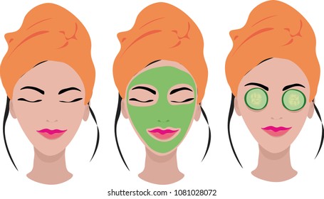 Vector - Cute girl with a cosmetic mask and cucumber on her face and with a towel on the head isolated on white background