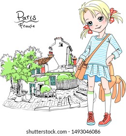 Vector cute girl in dress and sneakers with bag and soft toy rabbit on Paris street, France