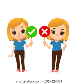 Vector cute girl, female characters holding yes and no sign