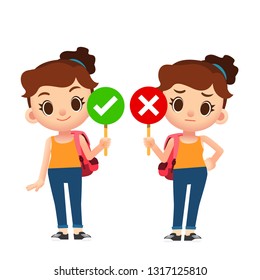 Vector cute girl, female characters holding yes and no sign