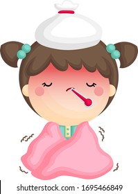 A Vector of Cute Girl with Fever and Shivering inside Her Blanket
