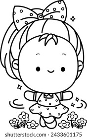 un vector de una chica linda en un lecho de flores en color blanco y negro