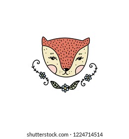 Vector cute girl fox face art and forget-me-not wildflowers. Poster and banner element, children's book illustration, postcard, gift card, print for t-shirt and more, sticker, label and other