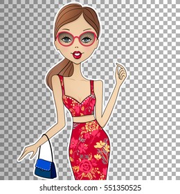 Vector cute girl with glasses. Cartoon people illustration. Fashion smiling young woman with bag. Fashionable chick. 