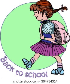 Vector cute girl go back to school. Vector hand drawn illustration of small girl in uniform isolated on green background
