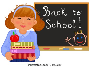 Vector Cute girl goes back to school in September.