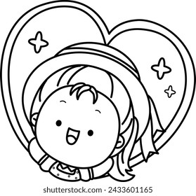 un vector de una chica linda con una forma de corazón detrás de él en color blanco y negro