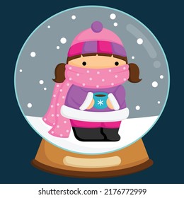 a vector of a cute girl inside a snow globe
