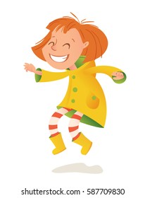 Vector cute girl jumping into a puddle. Spring life style.