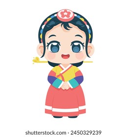 Vector Cute Girl Korean Hanbok Traditional Clothes Cartoon Character Illustration Isolated