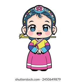 Vector Cute Girl Korean Hanbok Traditional Clothes Cartoon Character Illustration Isolated