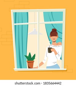 Una chica vectorial linda se inclina en el marco de la ventana y toma café o té caliente. Una mujer joven con una taza en las manos soñadora mira por la ventana. Ilustración vectorial moderna de estilo plano. EPS 10.
