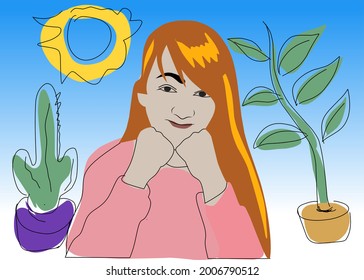 Vector cute girl with long hair holding chin