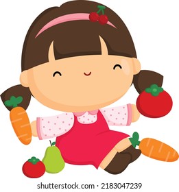 a vector of a cute girl with many vegetables and fruits